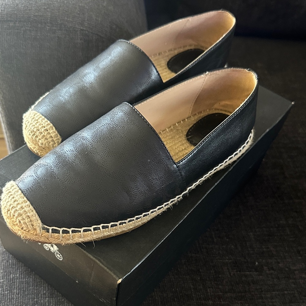 Black Leather Espadrille Slip-On Flats